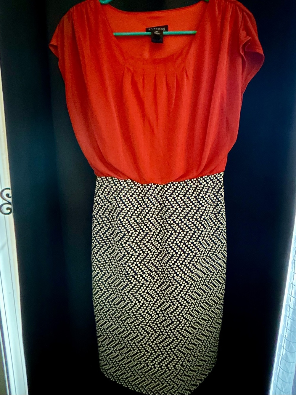 Enfocus Studio Red Blouson Midi Dress with Black & White Geometric Skirt
